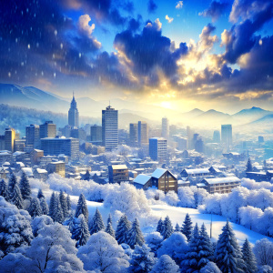 Winter month, beautiful cityscape with snow