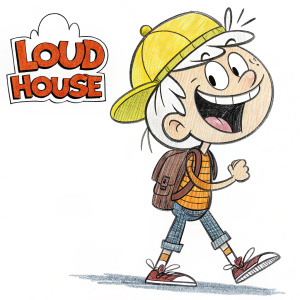 A vibrant sketch of Lincoln Loud from The Loud House. He's smiling widely, wearing a bright yellow cap and a backpack. The scene is set against a plain background with no shading, highlighting his lively pose and the iconic The Loud House logo at the corner.