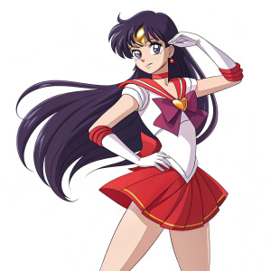 Digital illustration of Sailor Mars from Sailor Moon. Confident pose, assertive expression. Long dark hair flowing, vibrant red outfit with gold accents. Anime-inspired style. Plain white background.