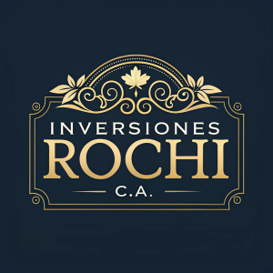 A sleek logo for Inversiones Rochi C.A. Dominated by dark background, with gold ornate font. Brand name and contact info prominently featured. The design exudes elegance and sophistication.