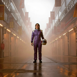 Jamie Chadwick, motorsport driver, standing confidently in a sleek, purple racing suit. Indoors, amidst various sponsor banners and signs. The backdrop is blurred, emphasizing her radiant smile.