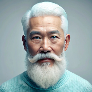 una persona oriental de 30 años con barba, y cabello blanco bien organizado y limpio, de tono de piel un poco blanco llegando a moreno, de frente, la barba y el cabello deben ser totalmente blancos, sin otros colores mas que blancos, el color de los ojos deben ser una combinacion entre el color cian, cielo y aquamarina, y debe tener un sueter tipico de su pais, el sueter debe ser de color rojo