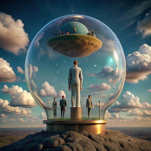 la idea de plenitud, completitud y perfección de la vida de un ser humano,  rodeada de un hermoso cielo al fondo y personas experimentándola.