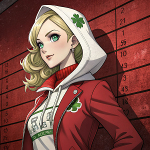 Illustration of Ann Takamaki, a character from Persona 5 Royal. Blonde hair, fair skin, striking green eyes. Posed confidently. Wearing red outfit with jacket, white hood with green clover emblem. Red wall with measurement lines as background.