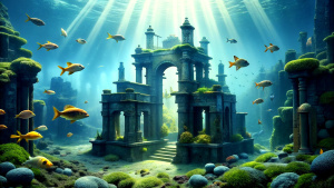 an underwater realm filled with luminescent aquatic life and forgotten ruins waiting to be explored by a lone adventure