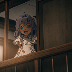 A happy anime girl from Cardfight Vanguard. Purple hair, blue eyes, and a white dress adorned with stars.