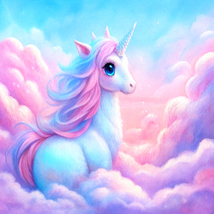 cute big eye unicorn on fluffy cloud