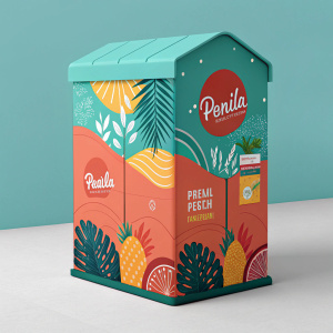 A 3D render of Panila packaging design. Vibrant colors and inviting tones. Modern and distinctive design.