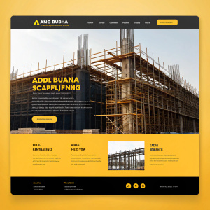 Website design for Adhi Buana Scaffolding. Modern, sleek look. Predominantly yellow and black color scheme. Featured image showcases a large construction site with intricate scaffolding structures. Clean, organized layout emphasizing text and visuals.