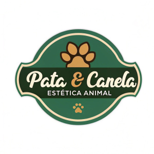 Logo for Pata & Canela Estética Animal. Green and brown color scheme. Brown paw print icon at top, playful font for business name.