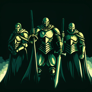 Three intricately designed, golden characters from Godfall. Green armor gleams under dark background. Characters wield large weapons. CGI image.