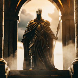 Digital illustration of Lich King, fantasy art style, detailed and dramatic. Central figure with commanding presence, long flowing robe, golden crown, warm golden hues. Cloudy backdrop.