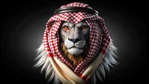 lion head with black and white keffiyeh in a black background 