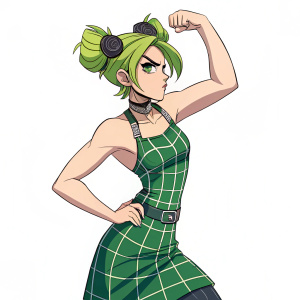 Jolyne from JoJo's Bizarre Adventure, youthful and fierce, digital artwork. Stylized anime-inspired design, green checkered dress, plain white background