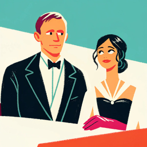 Daniel Craig and Satsuki Mitchell at an Elton John AIDS Foundation gala. Formal attire, Daniel in black suit, Satsuki in elegant dark dress. White background with event logos