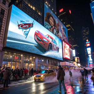 A busy street at night, with a huge billboard for the Cars 3 movie premiere. The cartoon car is speeding across the screen, creating a trail of water splashes. Crowds of people are visible below.