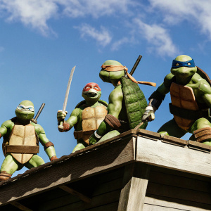 Fan art of the Teenage Mutant Ninja Turtles. Characters in dynamic poses, colorful palette, against white background