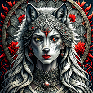 Nordic Godness Ylva She-Wolf - perfect realistic art, high-definition grey and black, white background tattoo design