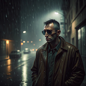 Travis Bickle, character from Taxi Driver, standing alone in a rainy alley at night. Dripping with an unknown substance, dark sunglasses covering his eyes.