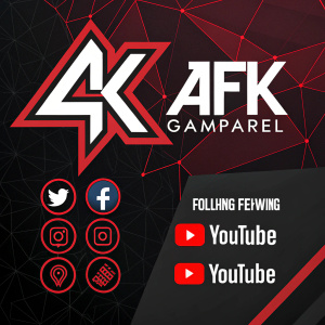 Promotional poster for AFK Gaming Apparel. Modern logo with red accents. Background features abstract geometric shapes in dark colors. Includes icons for Twitter, Instagram, and YouTube.