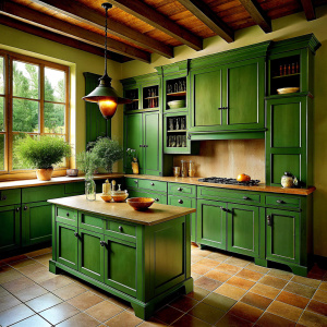 A beautiful forest green cabinet set in a rustics kitchen with tan walls