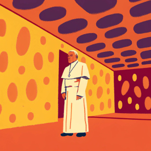 Minimalist sketch of Pope Francis. Standing in a modern art gallery. Pop art style background.