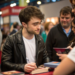 Daniel Radcliffe at a book signing. Wearing a black leather jacket and a simple white t-shirt. Surrounded by autograph seekers in a vibrant, bustling book fair.