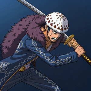 Digital illustration of Trafalgar Law from One Piece, in a fighting pose, intense expression. Dark blue background, detailed punk-inspired outfit, fluffy accessory, white spotted cap, and close combat sword.