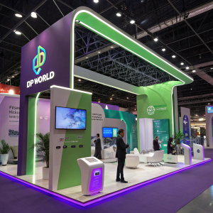 DP World's booth at a tech expo. Vibrant purple, green, and white hues. Interactive displays and modern design elements.