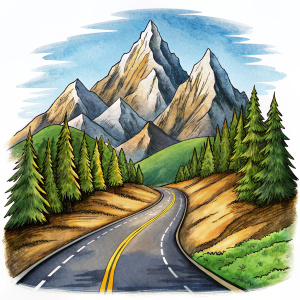 Hand drawn mountain road cartoon vector illustration clipart white background

