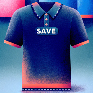 Digital illustration of a 3D rendered classic black polo shirt with large white 'SAVE' logo centered on the chest. Neutral gray background.