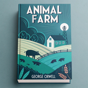 A book cover for Animal Farm by George Orwell. Modern digital artwork, vibrant hues of blue and green, featuring stylized illustrations of farm animals including a pig and a horse. Prominent display of the title and author name, along with a famous quote from the book.