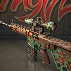 A detailed 3D render of a high-tech rifle in a futuristic setting. The weapon features a camouflage pattern, intricate mechanical parts in brown and green colors. The fiery emblem adds a striking contrast, set against a vibrant background with graffiti-like font.