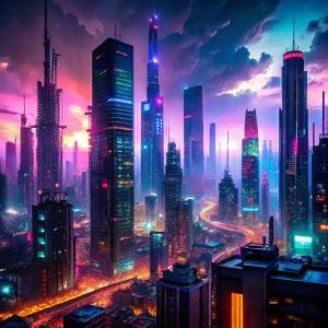 Cyberpunk cityscape, neon lights, towering skyscrapers, Japanese manga style, digital art, vibrant colors, intricate details