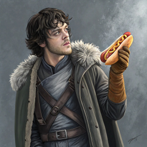 Theon Greyjoy, from Game of Thrones, holding a hot dog. Digital painting. Grey background