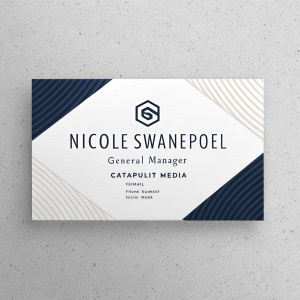 Professional business card for Nicole SwanePoel, General Manager at Catapult Media. Contains logo, email, phone number, and social media handles.
