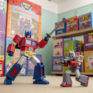 Optimus Prime and Megatron in dynamic action poses, surrounded by colorful toy packaging and promotional posters.