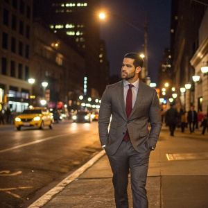 Jesse Metcalfe, in a gray suit and burgundy tie, walking down a busy city street at night.
