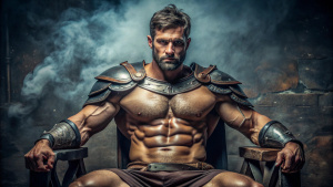 man statue stoic sitting very muscular with armor