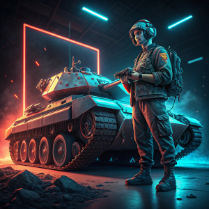 Digital recruitment ad for Wargaming. Professional gamer standing beside futuristic tank. Dark background with neon highlights.