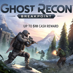 Promotional poster for Ghost Recon Breakpoint. Characters battling in a snowy, rugged terrain. Special pre-order offer visible, up to $10 cash reward. Dynamic, action-packed scene.