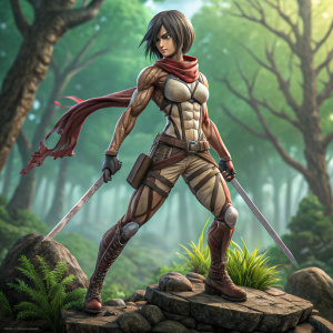 Digital 3D render of Mikasa Ackerman, standing in a battle-ready pose. Her muscular body is intricately detailed. Background is vivid green forest.