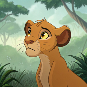 Digital illustration of Vitani, a young lioness from Disney's 'The Lion King'. She has brown fur, expressive eyes, and a determined look. Green jungle background