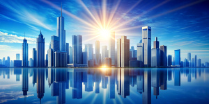 Picture of modern skyscrapers of a smart city, futuristic financial district with buildings and reflections , blue color background for corporate and business template with warm sun rays of light