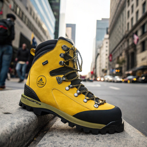 La Sportiva Nepal Extreme Hiking Boot, showcasing robust yellow exterior with sleek black detailing. Positioned on an urban street setting amidst a bustling cityscape.