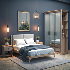 Create a scandinavian style bed, night table, wardrope glass, framed oak door  