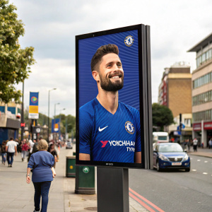 Olivier Giroud, wearing a Chelsea jersey, on a digital billboard in a crowded street
