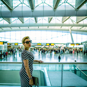 Scarlett Johansson, in a black and white striped dress and sunglasses, at the busy arrivals area of Heathrow Airport. Crowds of people in the background.
