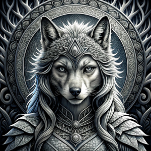 Nordic Godness Ylva She-Wolf - perfect realistic art, high-definition grey and black, white background tattoo design