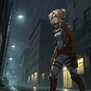 Annie Leonhart from Attack on Titan, in action pose. Dark urban alleyway, rainy night. Detailed color illustration